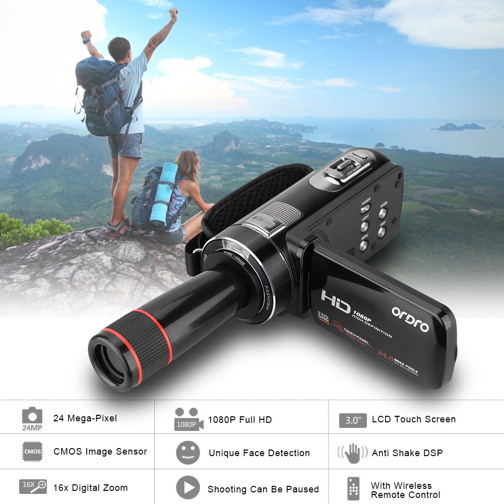 unknown ORDRO HDV-Z8 1080P Full HD Digital Video Camera Camcorder 16 Digital Zoom Digital Rotation LCD Touch Screen Max. 24 Mega Pixels Support Face Detection with 12 Telephoto Lens
