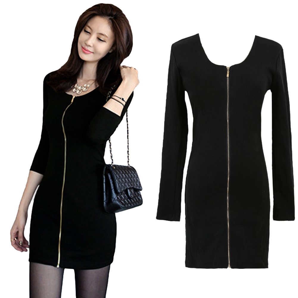 unknown Sexy Women Mini Jersey Dress Front Zipper Long Sleeve Round Neck Stretchy Bodycon Knit Dress Black