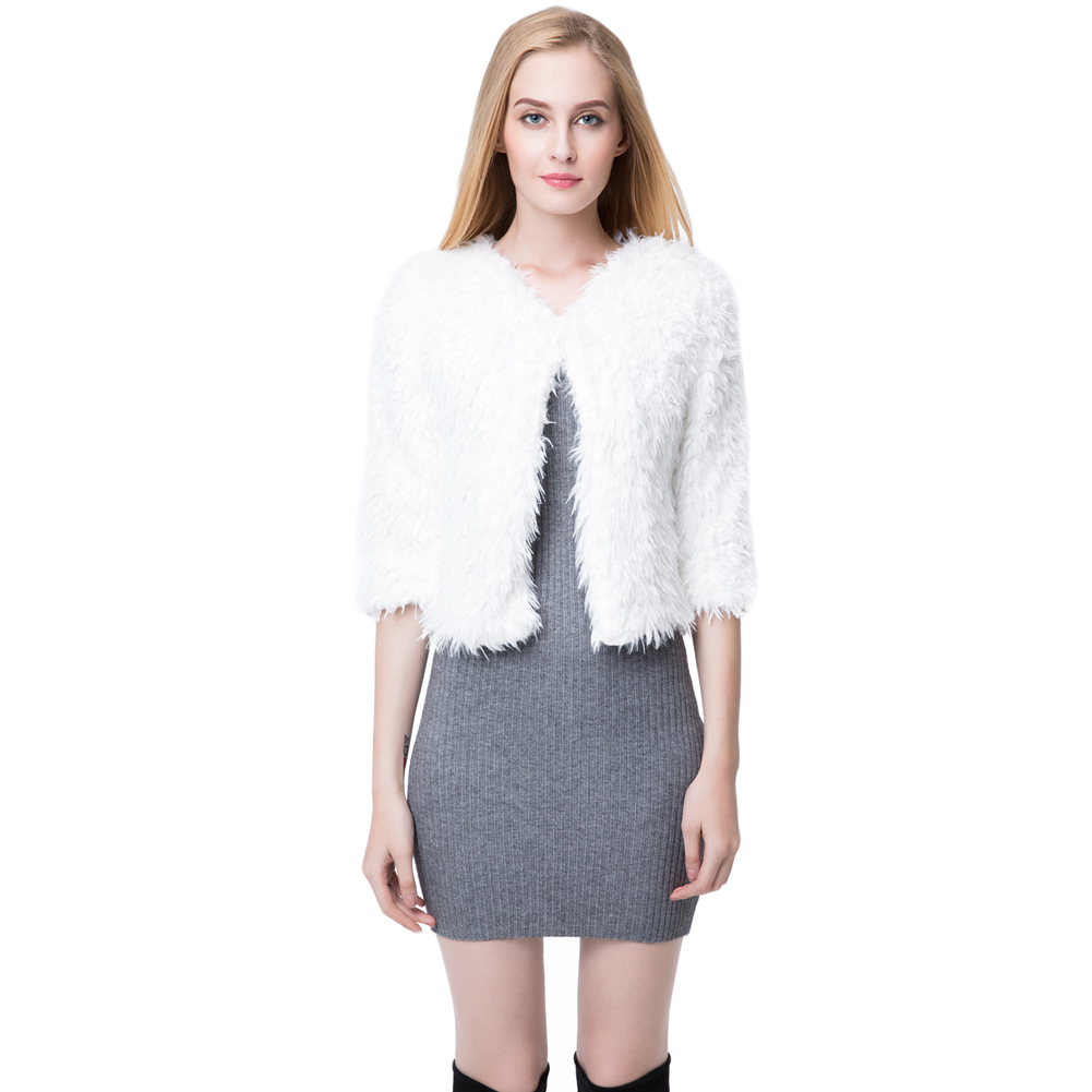 unknown New Women Winter Fluffy Shaggy Coat Faux Fur Round Neck 3/4 Sleeves Hook and Eye Outerwear White/Black