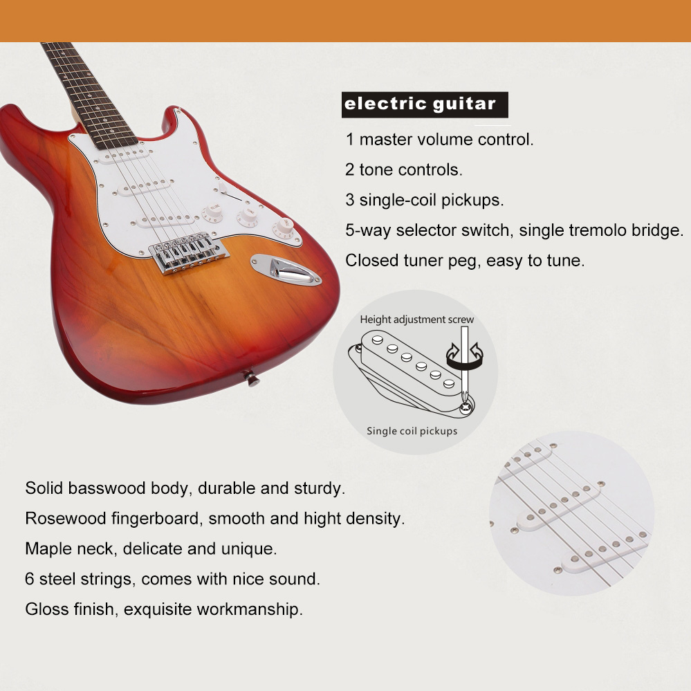 ST Electric Guitar Basswood Body Rosewood Fingerboard with Gig Bag Picks Strap