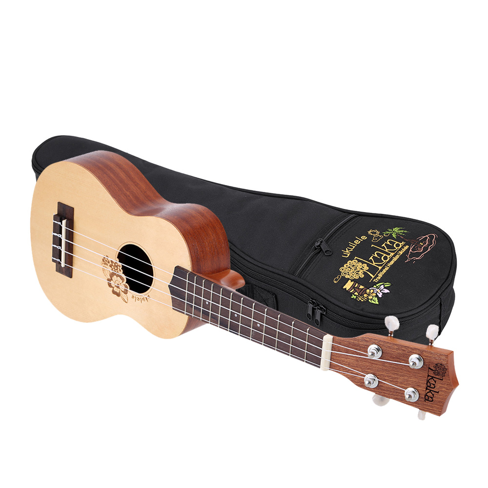 unknown KaKa KUS-FL 21 Inch Soprano 4 Strings Ukulele Spruce Engraving Top Sapele Back & Side with Strap Lock Buttons and Thick Bag for Kid Beginner Music Lover