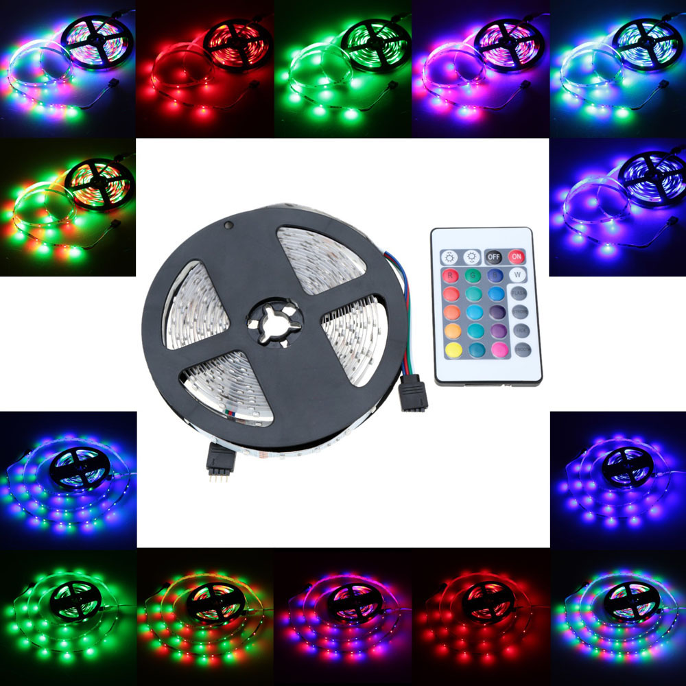 unknown LIXADA SMD 3528 Fiexble Light 60LEDs/m 5m/lot  LED RGB Strip Light with 24key RF Remote Controller and 12V 2A Adapter  for Bar Hotel RestaurantC TOMTOP