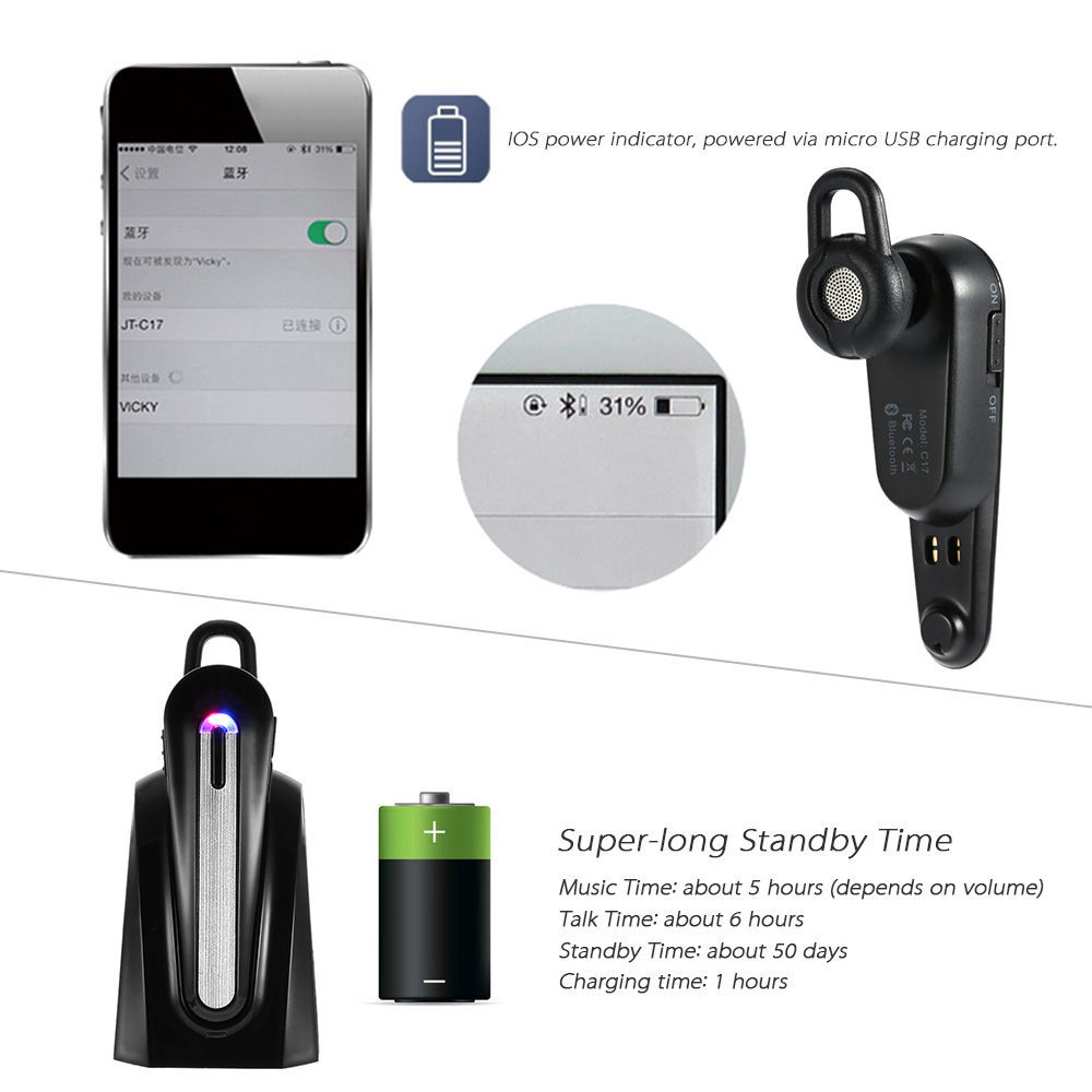 JT-C17 Wireless In-ear Headphone In-car Bluetooth 4.1 Headset Music Earphone Hands-free with Mic Black for iPhone 6 Plus 6 Samsung S6 S5 Note 5 4 HTC Laptop Tablet PC other Bluetooth-enabled devices