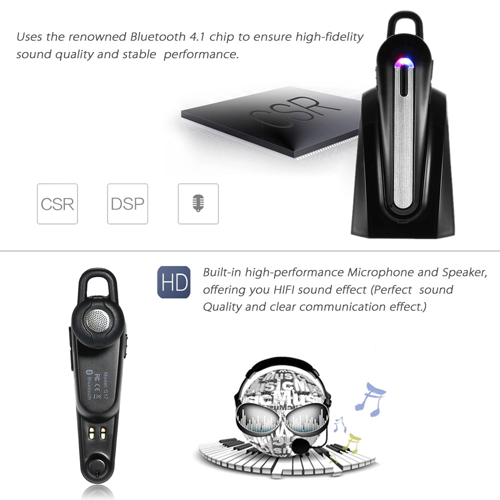 JT-C17 Wireless In-ear Headphone In-car Bluetooth 4.1 Headset Music Earphone Hands-free with Mic Black for iPhone 6 Plus 6 Samsung S6 S5 Note 5 4 HTC Laptop Tablet PC other Bluetooth-enabled devices