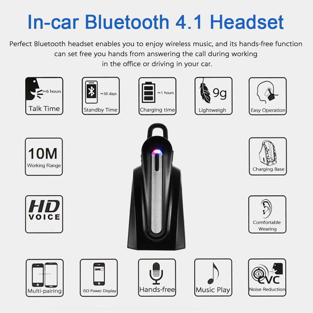 JT-C17 Wireless In-ear Headphone In-car Bluetooth 4.1 Headset Music Earphone Hands-free with Mic Black for iPhone 6 Plus 6 Samsung S6 S5 Note 5 4 HTC Laptop Tablet PC other Bluetooth-enabled devices