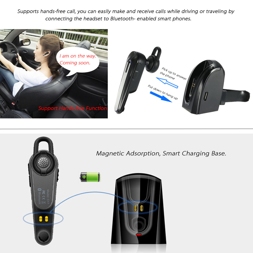 JT-C17 Wireless In-ear Headphone In-car Bluetooth 4.1 Headset Music Earphone Hands-free with Mic Black for iPhone 6 Plus 6 Samsung S6 S5 Note 5 4 HTC Laptop Tablet PC other Bluetooth-enabled devices