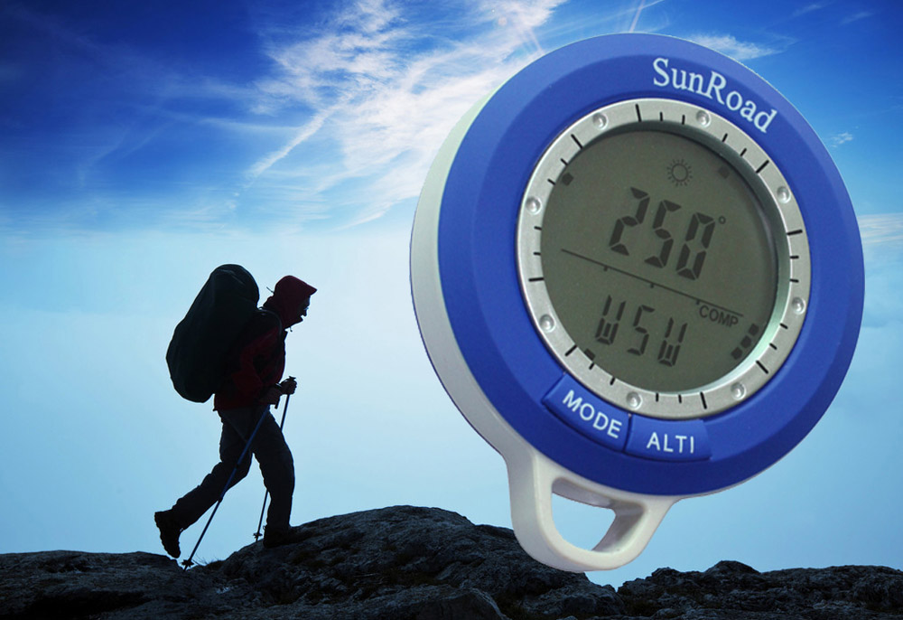 Sunroad SR108N 8 in 1 Mini LCD Backlight Digital Altimeter Climb Rate Barometer Thermometer Compass Weather Forecast Time Outdoor Waterproof Multi-function with Carabiner