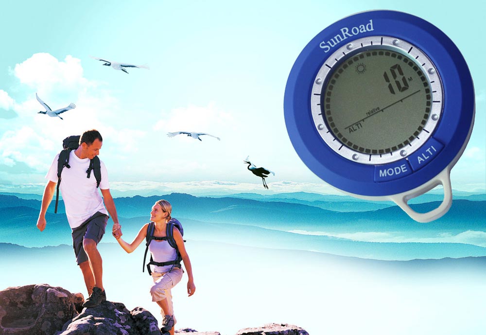 Sunroad SR108N 8 in 1 Mini LCD Backlight Digital Altimeter Climb Rate Barometer Thermometer Compass Weather Forecast Time Outdoor Waterproof Multi-function with Carabiner