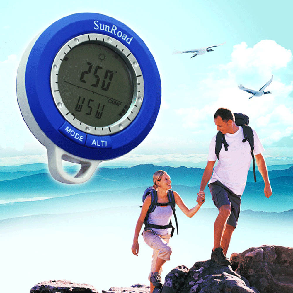 Sunroad SR108N 8 in 1 Mini LCD Backlight Digital Altimeter Climb Rate Barometer Thermometer Compass Weather Forecast Time Outdoor Waterproof Multi-function with Carabiner