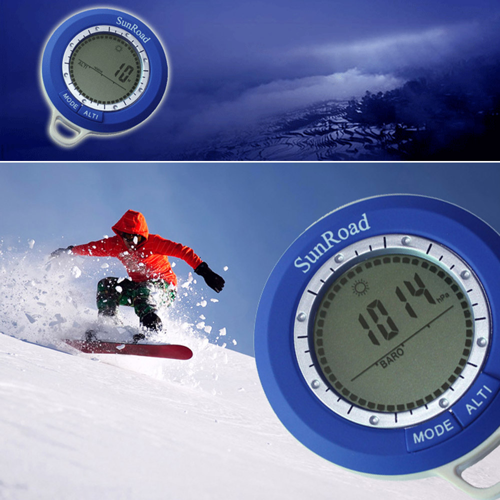 Sunroad SR108N 8 in 1 Mini LCD Backlight Digital Altimeter Climb Rate Barometer Thermometer Compass Weather Forecast Time Outdoor Waterproof Multi-function with Carabiner