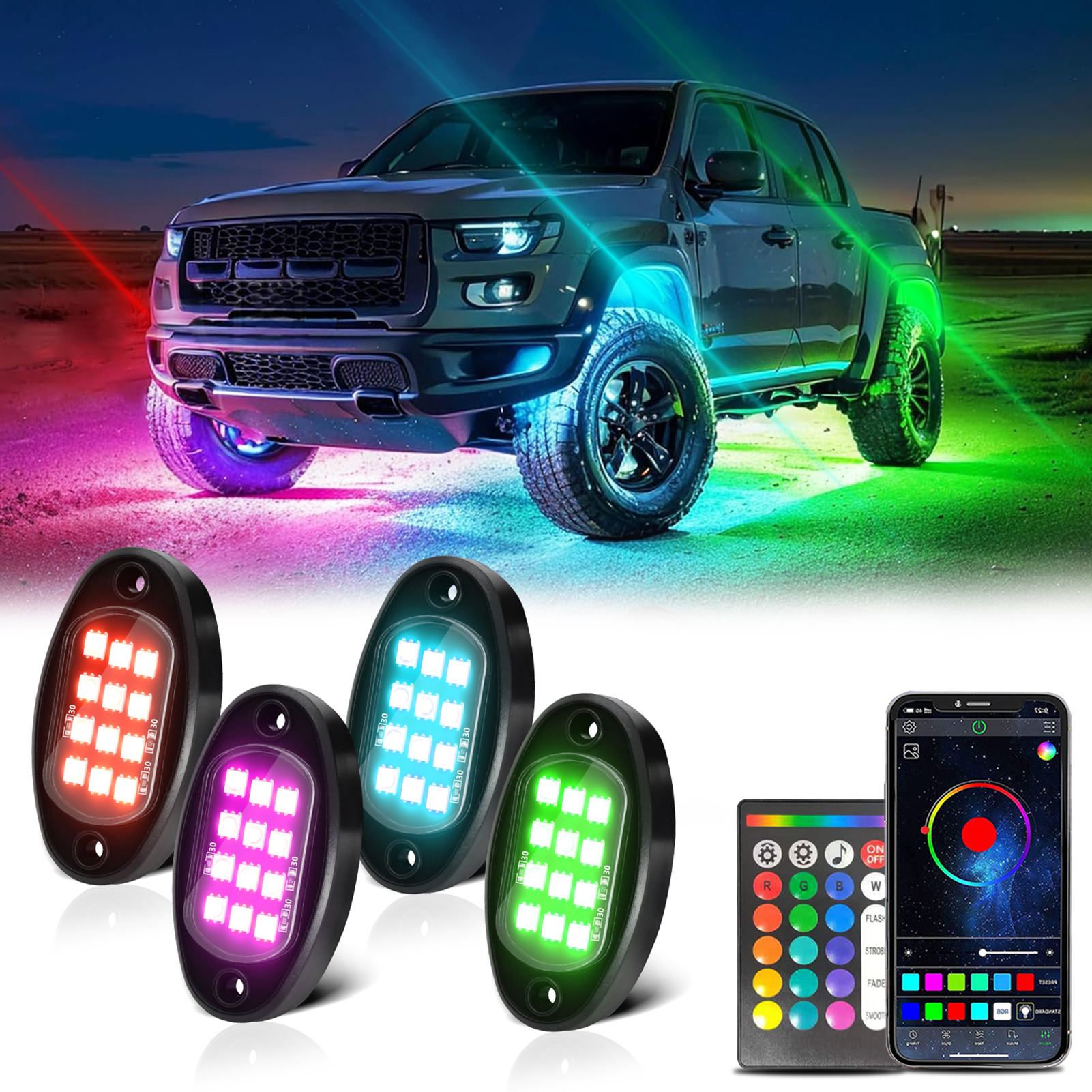 Tomshoo Lámpara de automóviles, Av Utv Led 4pcs Con función Led Off Road Suv Función Desactiva Suv Ajuste A prueba de agua App Bt Aplicación impermeable
