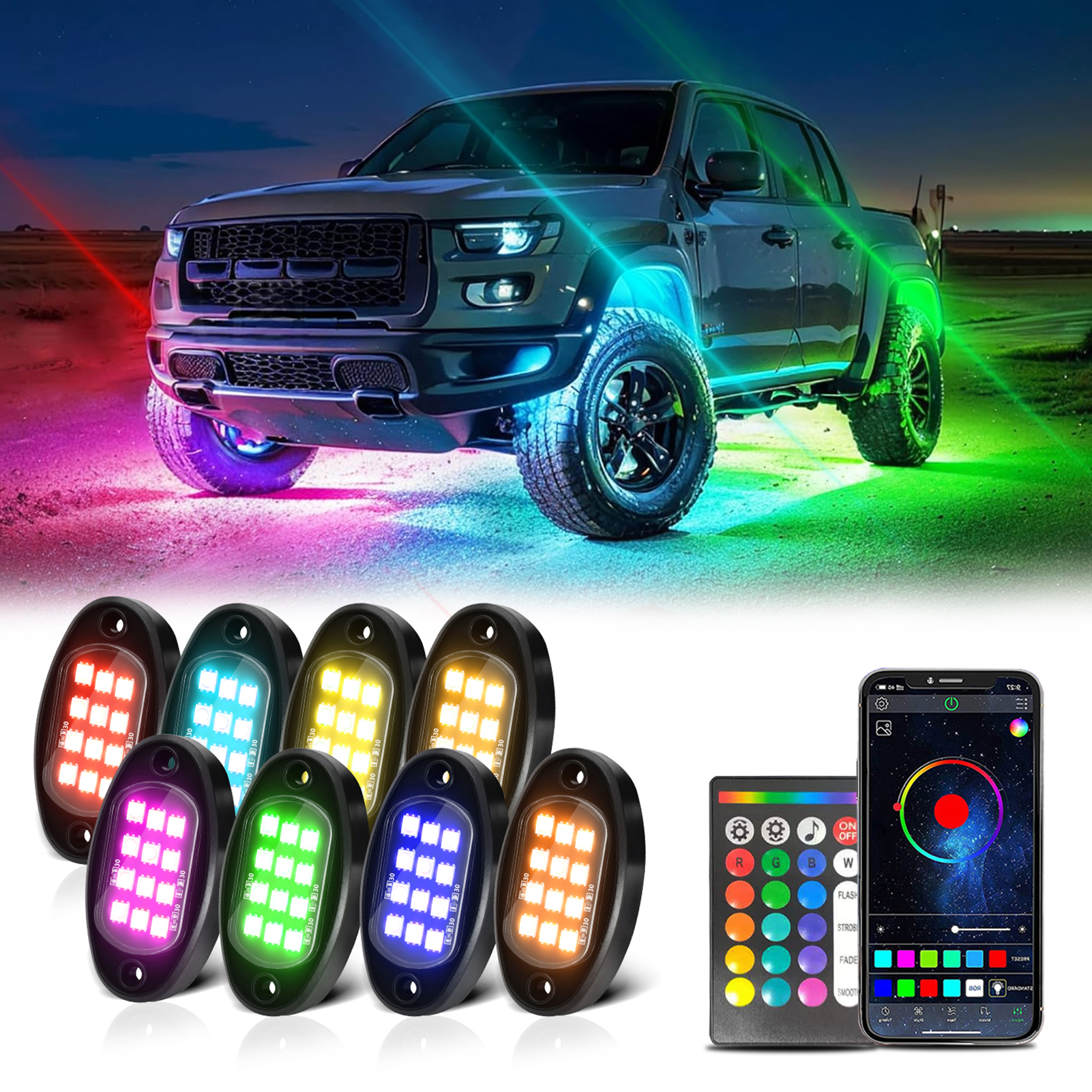 thumbnail image 1 of Tomshoo Lámpara de automóviles, lámpara de lámpara de motor Aplicación Suv Off Atv Utv 24 Clave Road Led Suv Atv Con Función Clave Sync App Bt Led 8pcs, 1 of 8