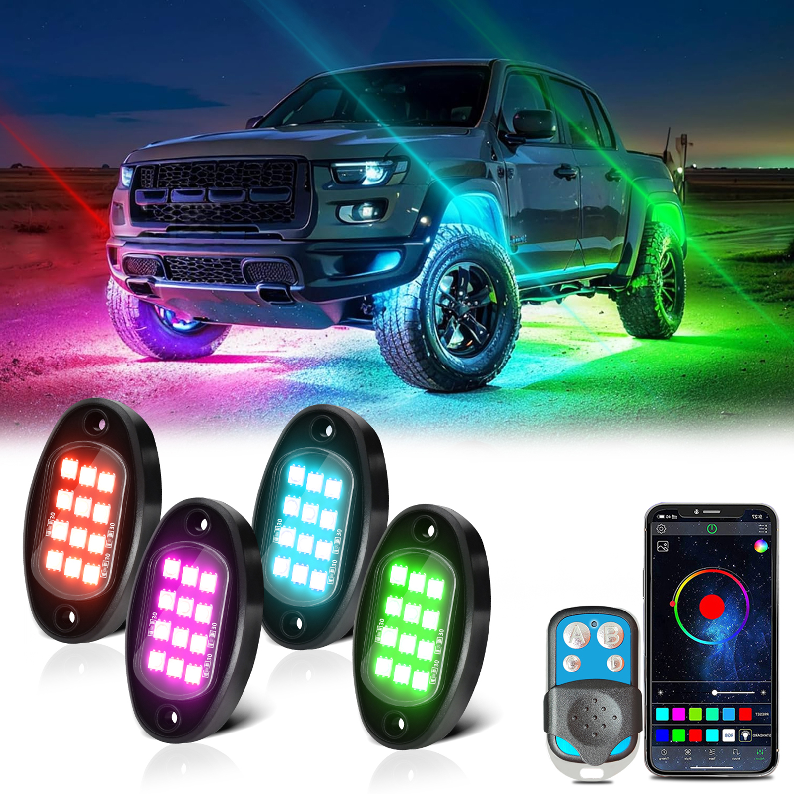 Tomshoo Lámpara de automóviles, función de 4pcs AutoAplicación Bt Clave Sincronizar función de lámpara de plomo Función Led Av Lamp Led App impermeable