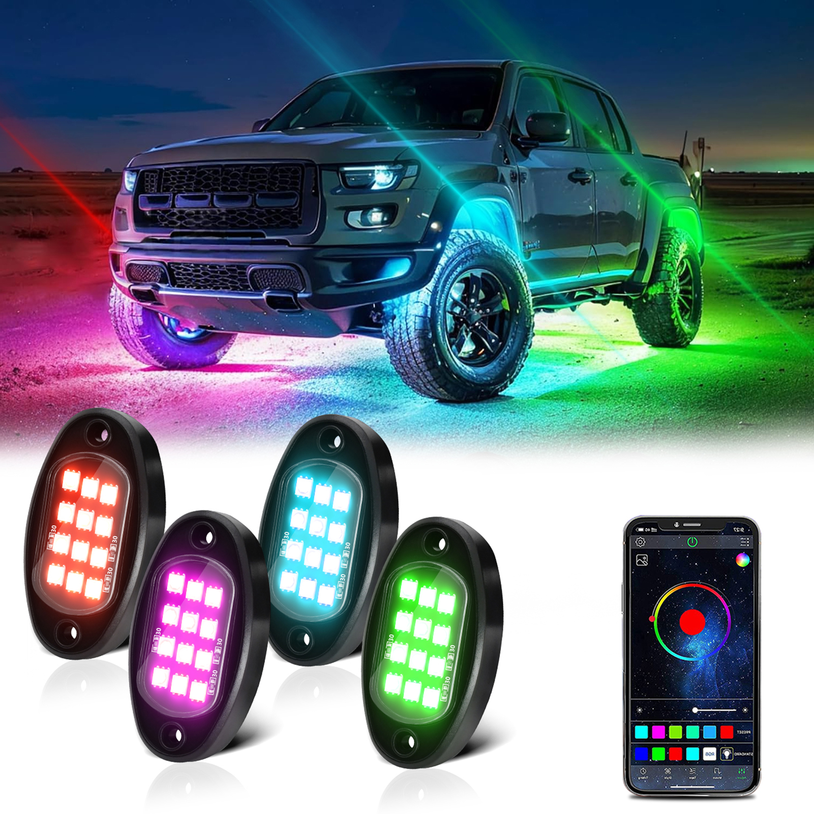 Tomshoo Lámpara de automóviles, función Aplicación impermeable función Suv Av Utv Ajuste fuera de carretera A prueba de agua 4 pcs Led Off Bt Sincronizar App Bt Led