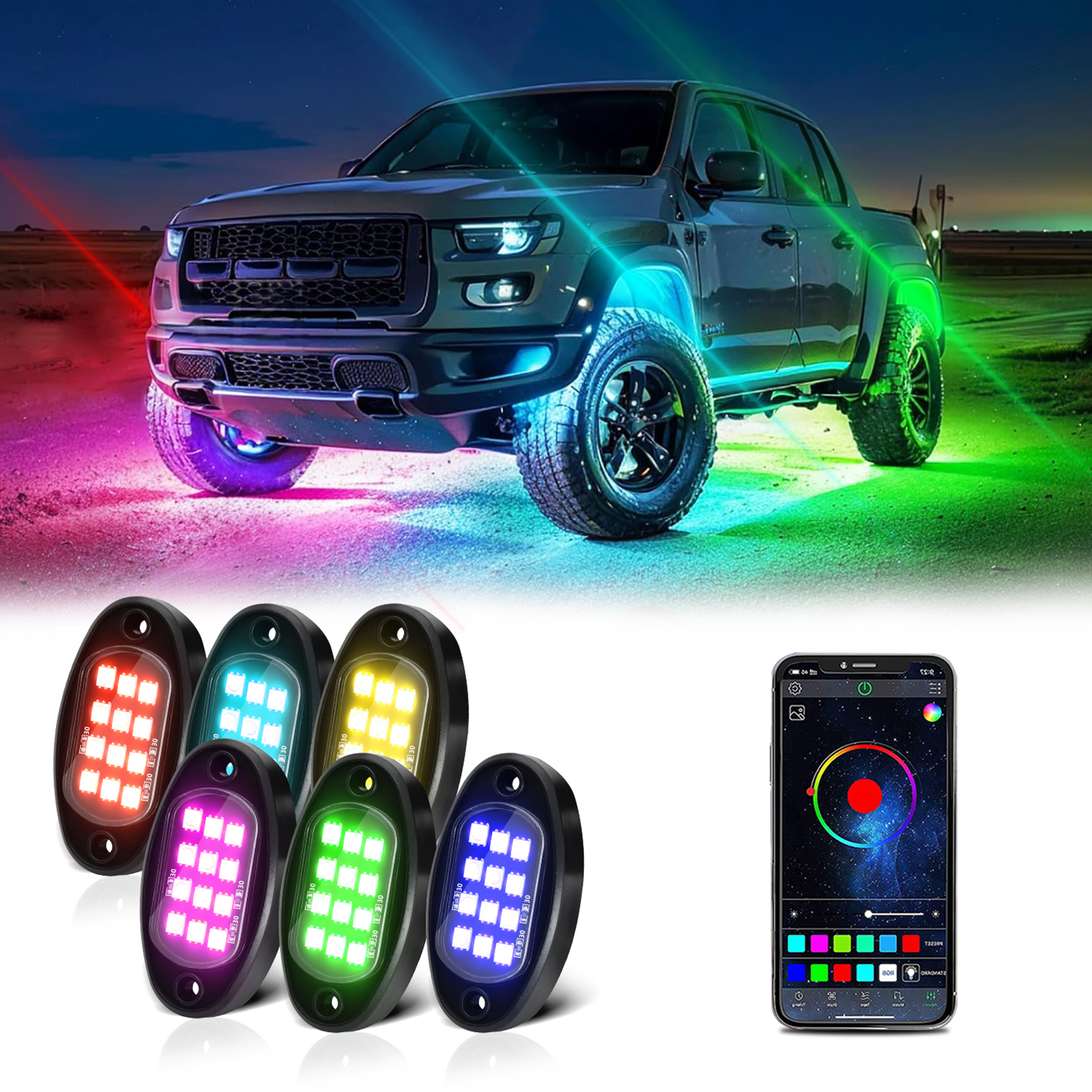 thumbnail image 1 of Tomshoo Lámpara de automóviles, lámpara de 6 pcs Sincronización en carretera con App Bt Atv Utv Lamp Función de Led Av Función Av Desactivada, 1 of 8