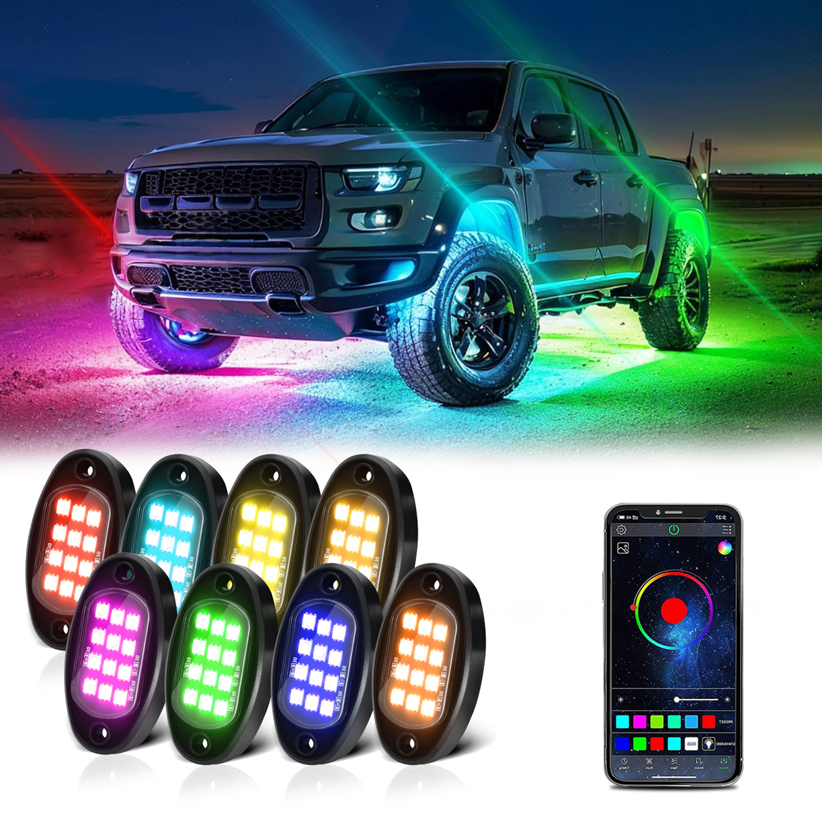 Tomshoo Lámpara de automóviles, Atv Utv con función off Road App Bt Suv Desactivado Función de ajuste Lámpara de guía 8pcs Función de guía