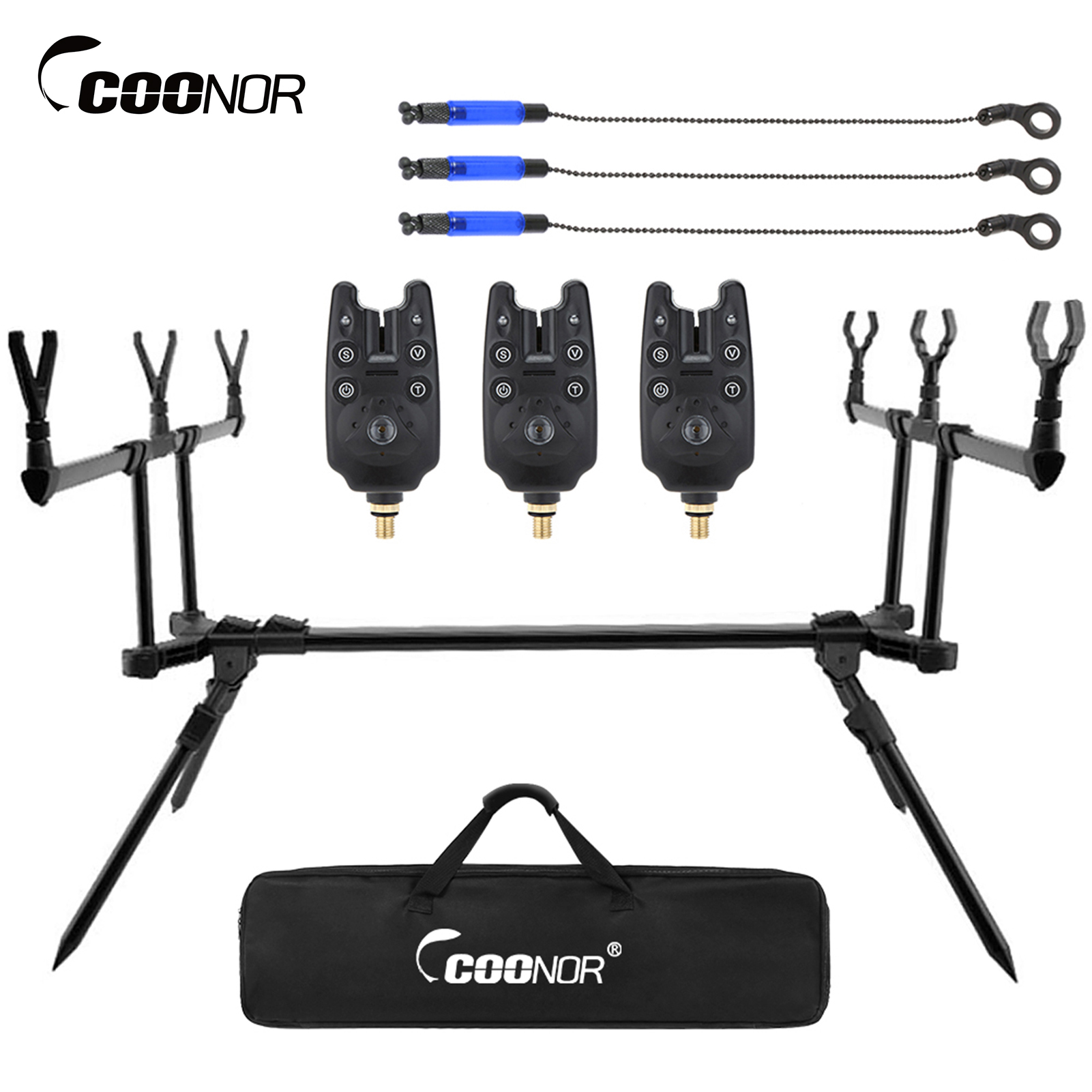 COONOR conjunto, alarmas de varilla de carpa ajustable 3 soporte de cebo con varilla de 3 polos soporte de varilla de varilla de mordaza Carp Rod varilla de cebo polo 3 conjunto de cebo Twirltide