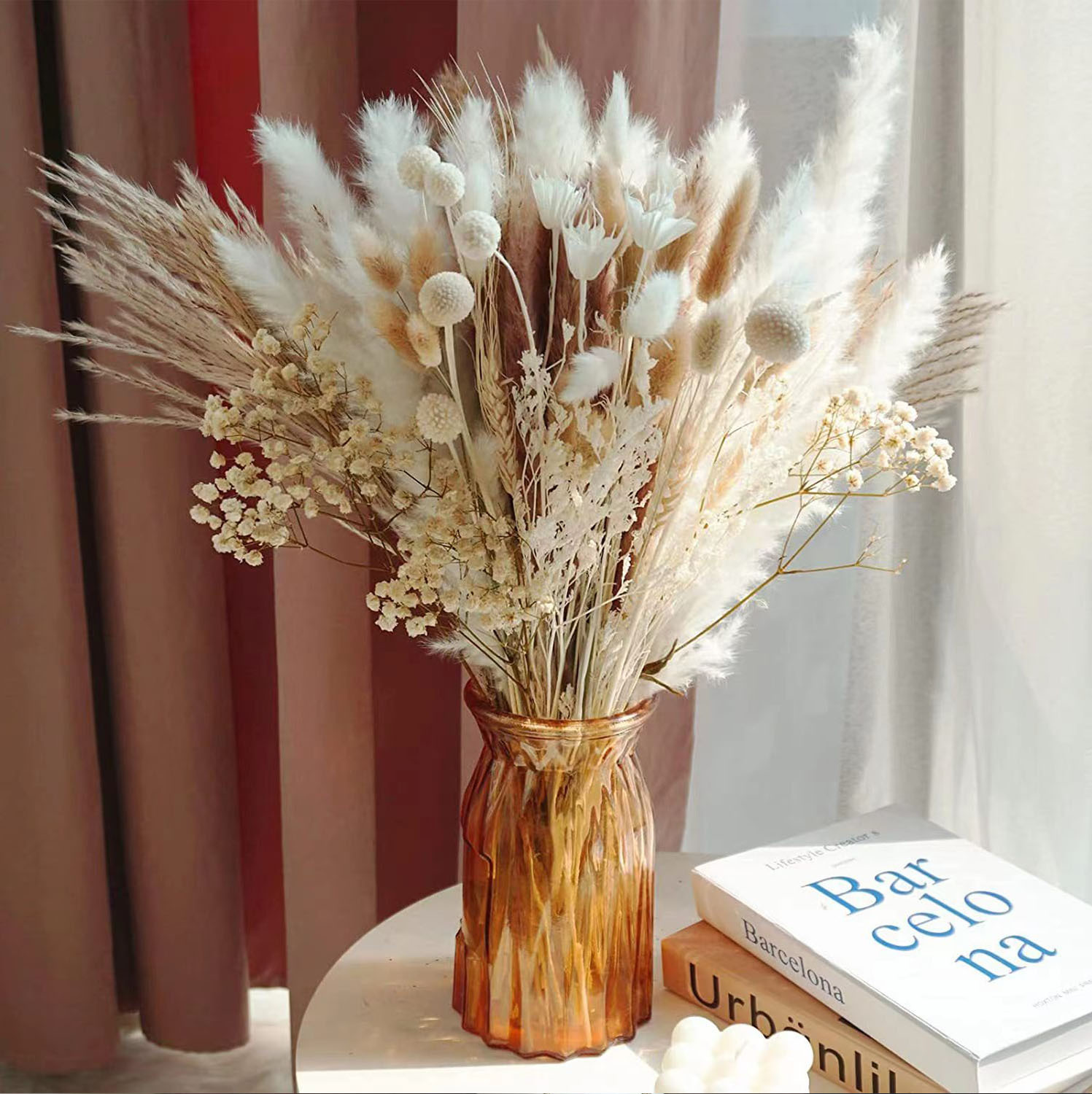 Pampas grass, small reeds, dried flowers, rabbit tail grass, small whisk combination bouquets, dried flowers, flower arrangements, wholesale White reed 15+raw reed 15+chai 2+whisk 30+white rabbit 15+raw rabbit 15+white wheat 5+white ball 5+white love grass 5+white star 1+white anise 1+box