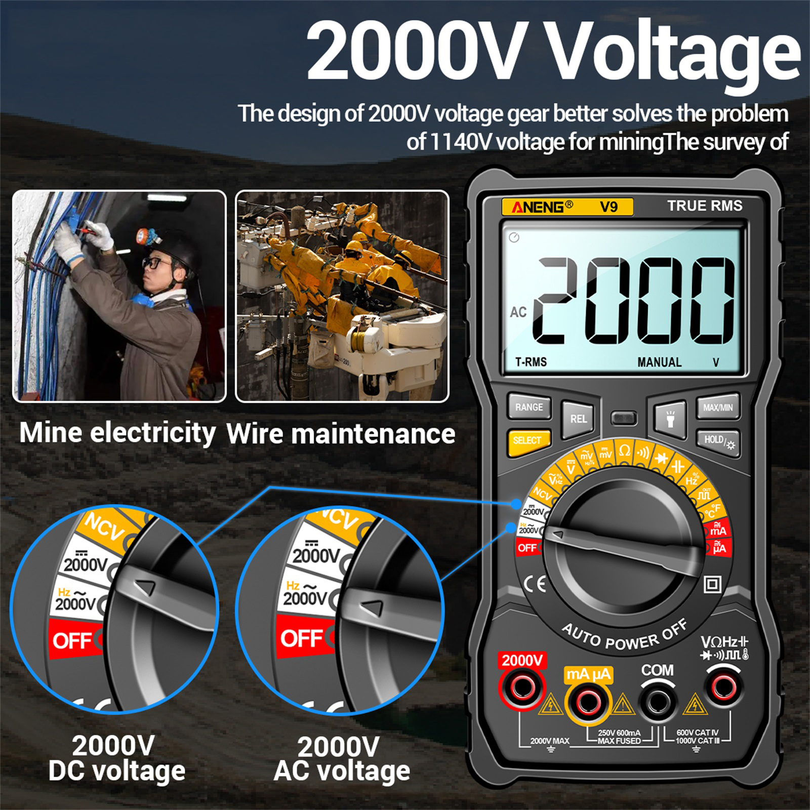 thumbnail image 4 of ANENG Multitímetros, 2000v Prueba de voltímetro Amperímetro V9 6000 2000v 6000 2000v Herramientas de prueba Amperímetro de voltímetro Wotao Xinzy Twirltide, 4 of 8
