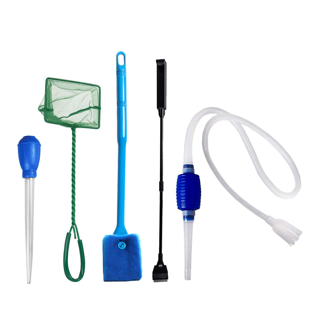 5 in 1 Aquarium Fish Tank Cleaning Tools Kit Aquarium Gravel Cleaner Siphon Fish Tank Cleaner Water Changer with Dropper Waste Cleaner Algae Scraper Double Sided Sponge Brush Fishing Net