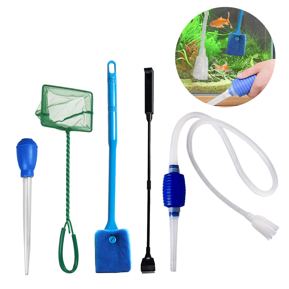 5 in 1 Aquarium Fish Tank Cleaning Tools Kit Aquarium Gravel Cleaner Siphon Fish Tank Cleaner Water Changer with Dropper Waste Cleaner Algae Scraper Double Sided Sponge Brush Fishing Net