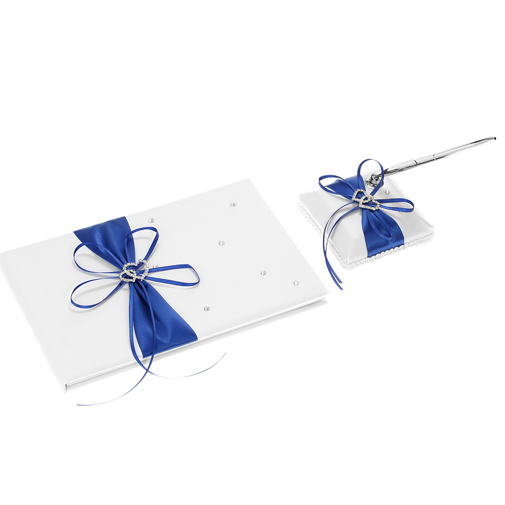 5pcs/set Wedding Supplies Double Heart Satin Flower Girl Basket + 7 * 7 inches Ring Bearer Pillow + Guest Book + Pen Holder + Bride Garter Set Blue