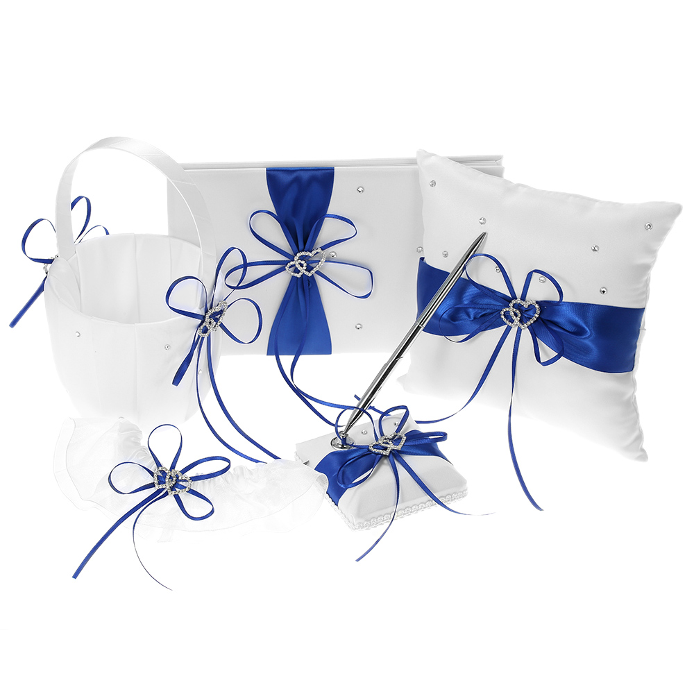 5pcs/set Wedding Supplies Double Heart Satin Flower Girl Basket + 7 * 7 inches Ring Bearer Pillow + Guest Book + Pen Holder + Bride Garter Set Blue - ShopShipShake
