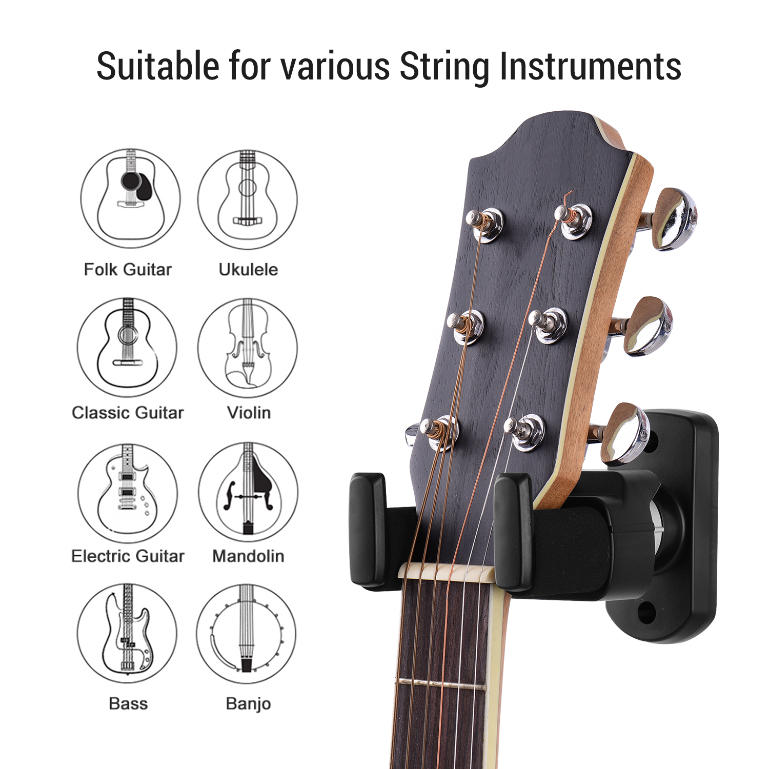 guitar wall mount black 2 pack,auto lock guitar hangers for wall fit Electric Acoustic and Bass Guitars,and Folk Ukulele Violin Mandolin Banjo,new style guitar stand wall mount is designed for you 