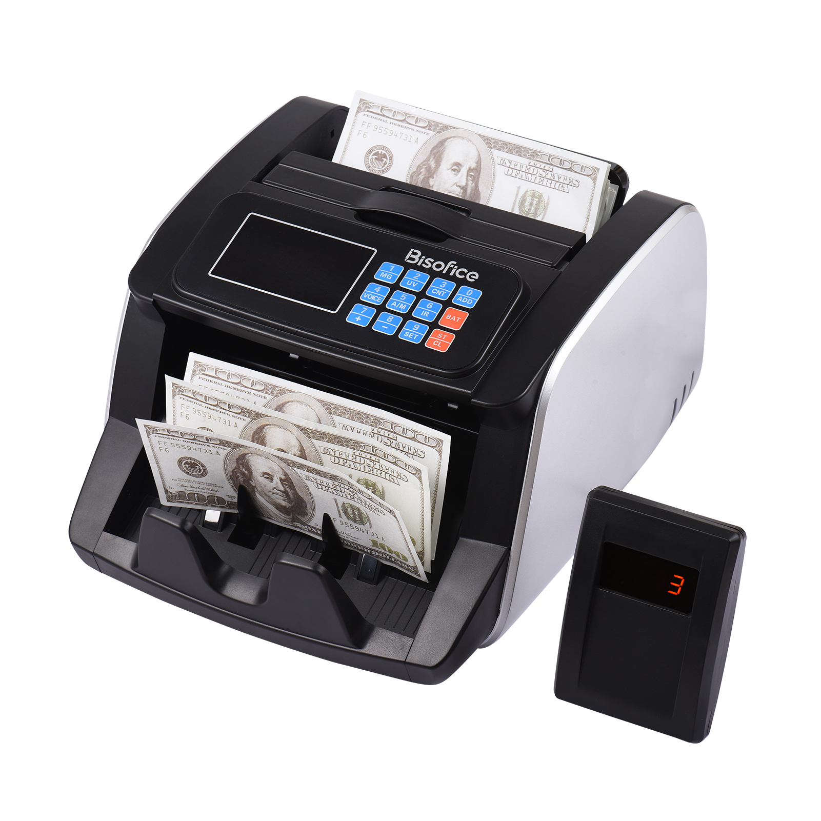 Bisofice Money Counter Machine Counterfeit Bill Detector Automatic Money Detection Top Loading Bill Counting Machine with UV MG IR for EURO US Dollar Add and Batch Modes Suitable for Shops Grocery Stores Restaurants Hotel Small Business