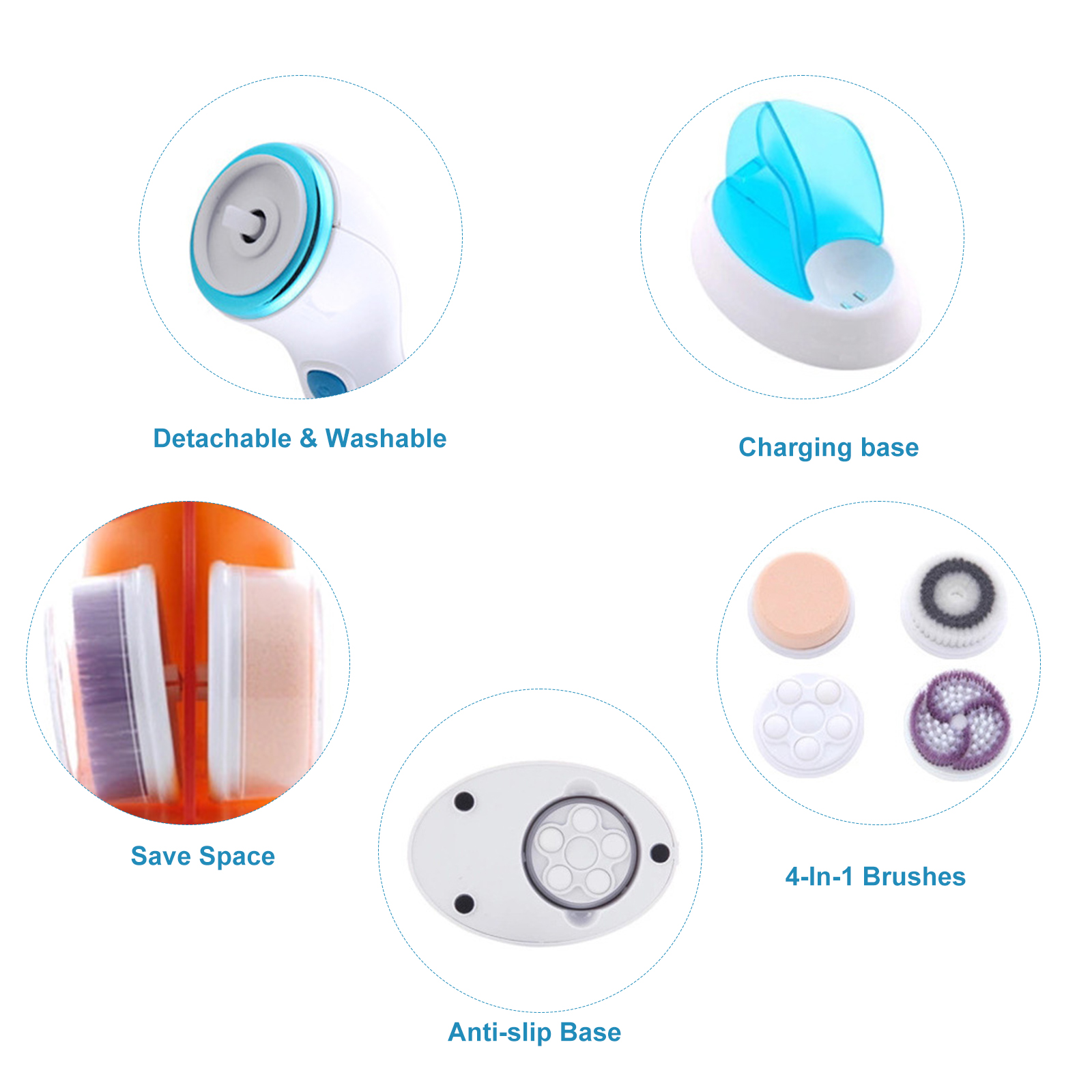 360° Facial Cleansing Brush 2 Speed Levels Waterproof Face Brush with Storage Rack 4 Brush Heads for Deep Cleansing Make-up Removing Gentle Exfoliating Removing Blackhead Massaging