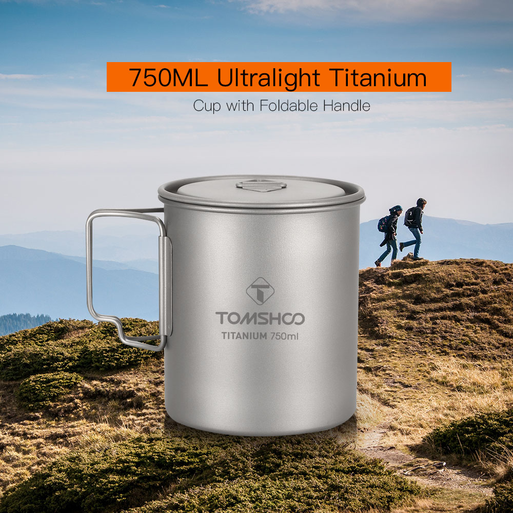 TOMSHOO Ultralight 750ml Titanium Cup W/ Foldable Handle Camping