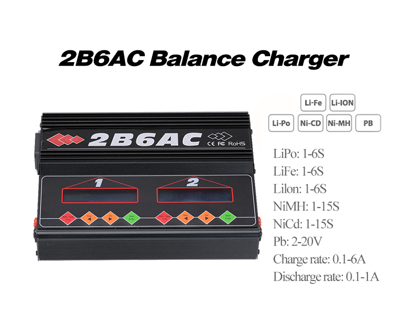 Exiron Brand 2B6AC 2 X 50W Dual Power Multifunction AC DC Balance Charger Discharger for RC LiPo LiLo Life MiMh NiCd PB Battery Exiron Brand 2B6AC 2 X 50W Dual Power Multifunction AC DC Balance Charger Discharger for RC LiPo LiLo Life MiMh NiCd PB Battery