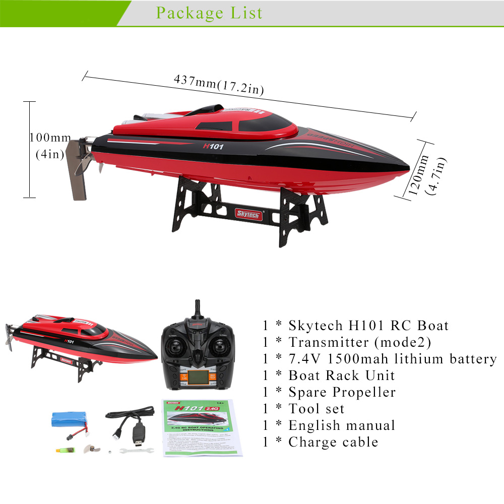 44 cm RCTecnic Boot Funksteuerung Skytech H101 High Speed Boat 2,4 GHz RC Boot Fernbedienung Hohe Geschwindigkeit Für Kinder und Erwachsene Rote Farbe