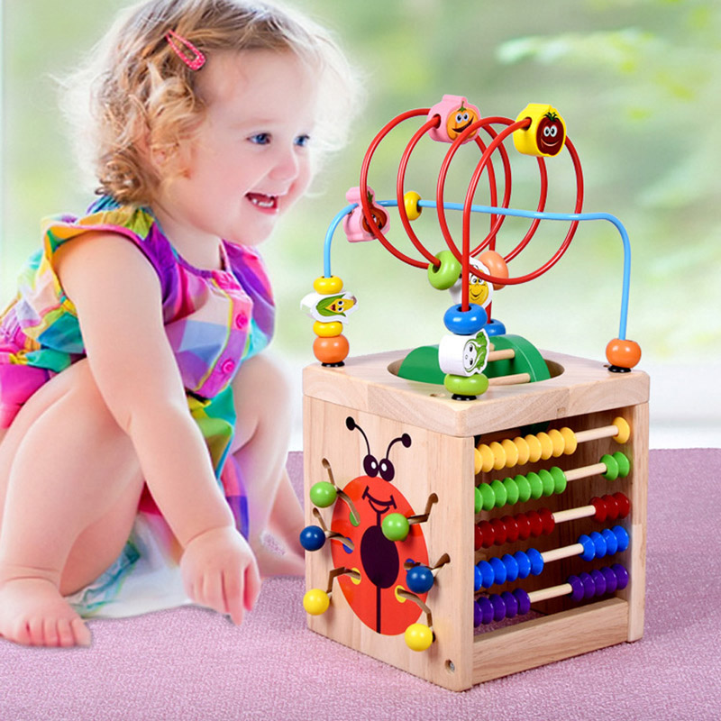 6 in 1 Wooden Bead Maze Activity Cube Multipurpose Wood Toys for Kids